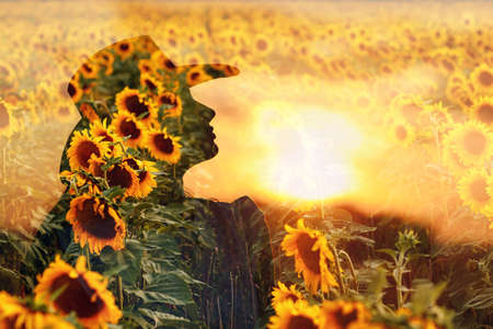 Farmer or agronomist woman multiple exposure profile portrait at sunflower fieldの写真素材