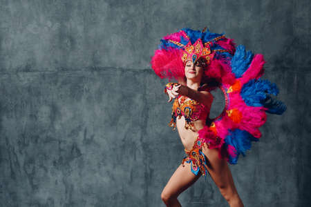 Woman in brazilian samba carnival costume with colorful feathers plumageの写真素材