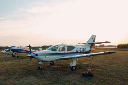 RUSSIA, MOSCOW - AUGUST 1, 2020: Small private single engine propeller airplane at regional airportのeditorial素材