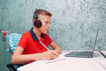 Young student boy with laptop learning and preparing back to schoolの写真素材