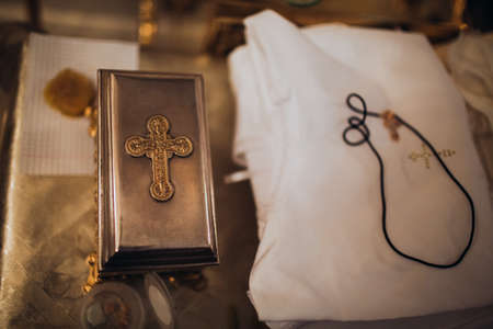 Orthodox Christian cross and utensils in the church. Epiphany ceremony rite.の写真素材