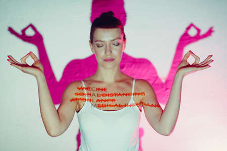 Young adult woman with word Calm composed of words Vaccine Social Distance Ambulance and Medical Insurance on her bodyの写真素材