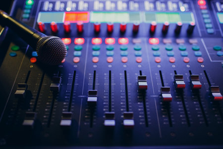 Mixing console and microphone, hand equalizing audio sound channels in night clubの写真素材