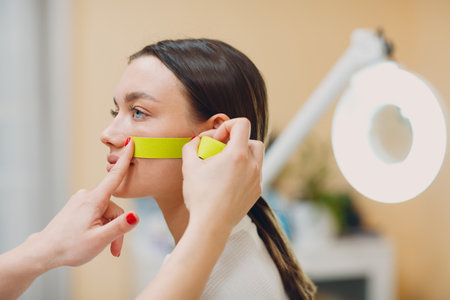 Beautiful woman applying tape lifting treatment on faceの写真素材