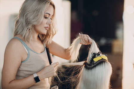 Hairdresser female making hair extensions to young woman with blonde hair in beauty salon. Professional hair extension.の写真素材