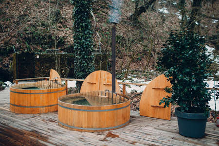 Glamping luxury camping. Glamorous camp sauna bath at forest.