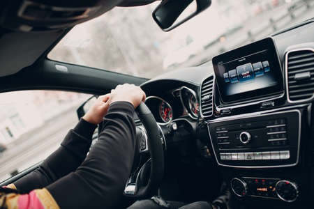 USA - New York, March 19, 2019: The new modern Mercedes Benz AMG GLE 63 S 4MATIC in dealership salon vehicle interiorのeditorial素材