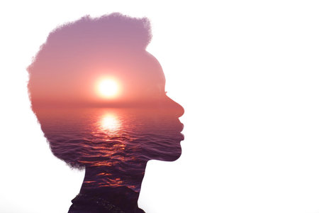 Multiple exposure image with sunrise and sea inside african american woman silhouette. Psychology...
