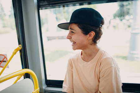 Indian Woman ride in public transport bus or tramの写真素材