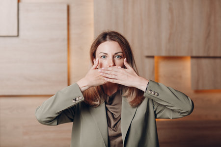 Business woman young adult coach at office close mouth with hands arms palmsの写真素材
