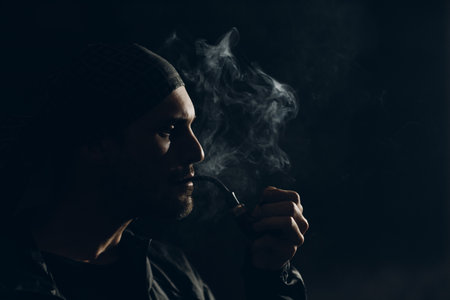 Man smokes smoking pipe against dark background. Back side lit profile portrait with smokeの写真素材