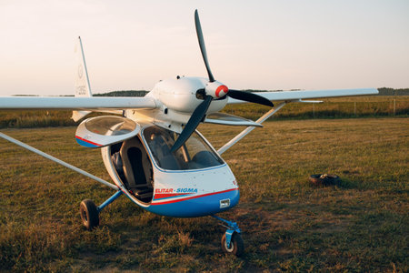 RUSSIA, MOSCOW - AUGUST 1, 2020: Small private single engine propeller airplane at regional airport.のeditorial素材