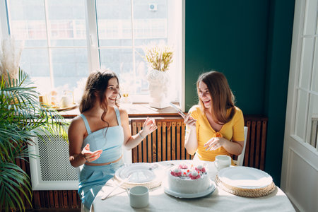 Women happy friends at home sitting and smiling with white birthday cake.の写真素材