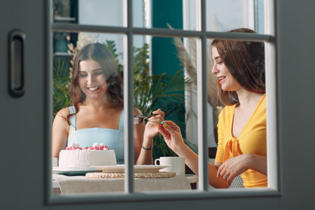 Women happy friends at home sitting and smiling with white birthday cake behind glass door.の写真素材