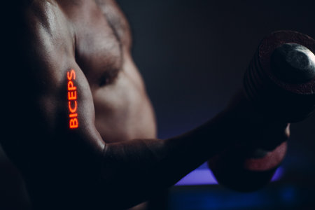 Young Adult Man Working Out Biceps with Dumbbell with word on his hand.の写真素材