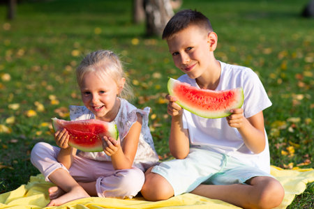 To cute kids lttle boy and girl eating juicy watermelon in the picnic at autumn park meadow.の写真素材