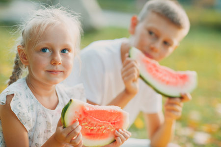 Funny little toddler kids brother and sister eating watermelon on the park. Happy boy and girl together. Childhood, Family, Healthy Diet Conceptの写真素材
