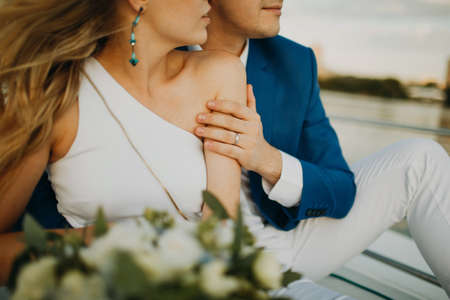 Wedding couple bride and groom together forever on yacht.の写真素材