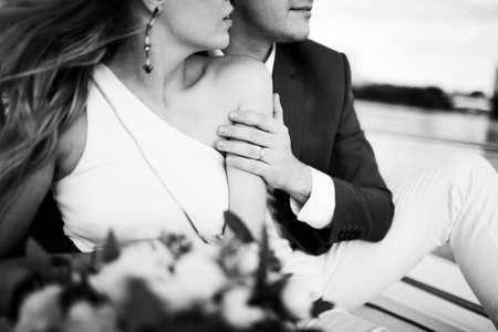 Wedding couple bride and groom together forever black and white image.の写真素材