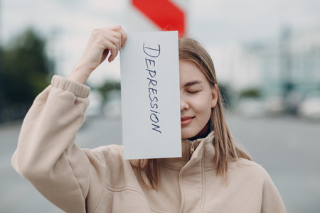 Woman holding white sheet paper labeled word Depression in handの写真素材