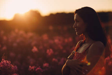 Girl on blooming Sally flower field at sunset. Lilac flowers and womanの写真素材