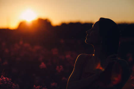 Girl on blooming Sally flower field at sunset. Lilac flowers and womanの写真素材