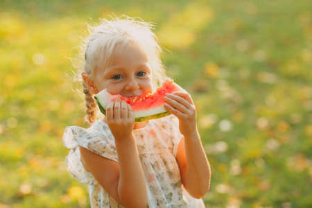 Cute blond little girl eat watermelon on the grass in park.の写真素材