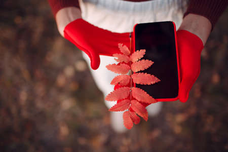 Active young woman in red gloves and face mask at autumn park with mobile phone.の写真素材