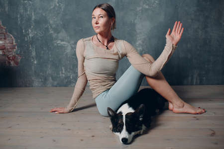 Young adult woman doing yoga with corgi dog at home indoorsの写真素材