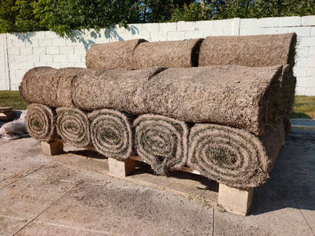 Stack of turf grass rolls for lawn meadow.の写真素材