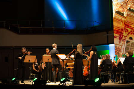 Hands musician plays musical instruments in orchestraの写真素材
