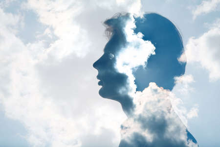 Psychology and man mental health contemplation and atmosphere pressure concept. Multiple exposure...
