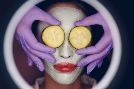 Young beautiful woman receiving facial clay mask with cucumber on her eyes in spa beauty salon with magnifying glass.の写真素材