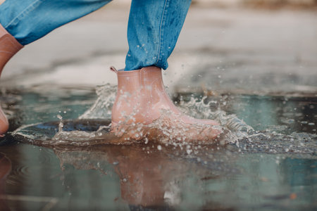Woman wearing rain rubber boots walking running and jumping into puddle with water splash and drops in autumn rain.の写真素材