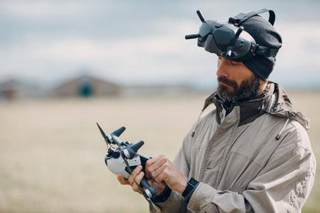 Man controlling fpv quadcopter drone for aerial photography and videography with goggles antenna remote controller.の写真素材
