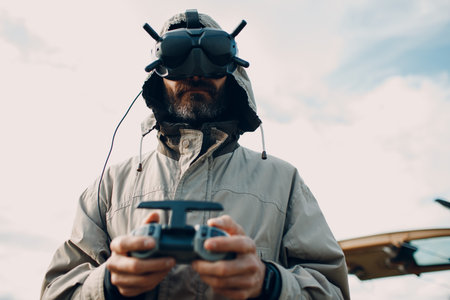Man controlling fpv quadcopter drone for aerial photography and videography with goggles antenna remote controller.の写真素材