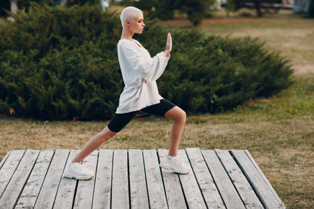 Portrait of young smiling millenial european short haired woman doing Qigong Taijiquan in summer park. Beautiful happy blonde girl outdoor.の写真素材