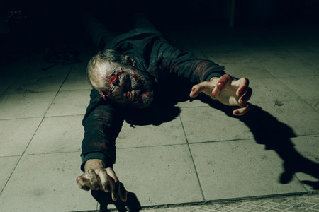 Zombie male creeps on floor halloween concept. Make up skin and blood faceの写真素材