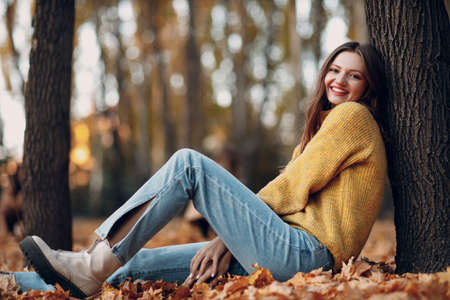 Young woman model sitting in autumn park with yellow foliage maple leaves. Fall season fashionの写真素材