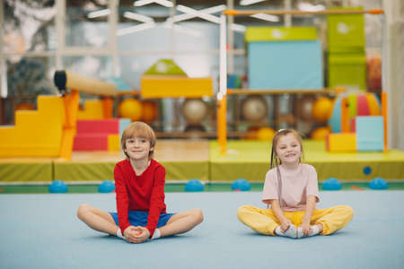 Kids doing stretching exercises in gym at kindergarten or elementary school. Children sport and fitness conceptの写真素材