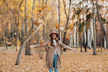 Young woman model in autumn park with yellow foliage maple leaves. Fall season fashionの写真素材