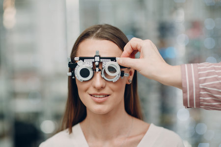 Portrait of young woman during eye examination test glasses goggles at optometrist optician clinicの写真素材