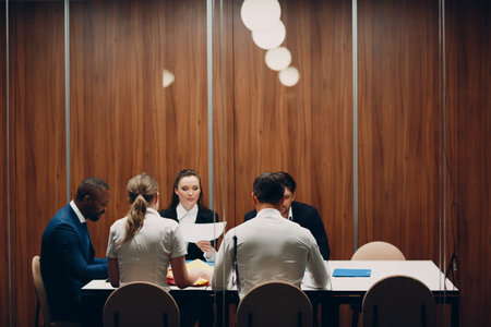 Businessman and businesswoman team at office meeting. Business people men and women group conference discussion strategyの写真素材