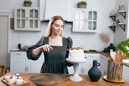 Pastry chef confectioner young caucasian woman in gray dress with knife cut slice cake on kitchen table. Cakes cupcakes and sweet dessert Scandinavian styleの写真素材