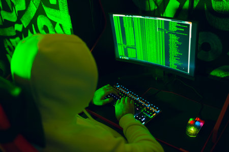 Hacker in hoodie working hacks code site on personal computer. War and cyber attack conceptの写真素材
