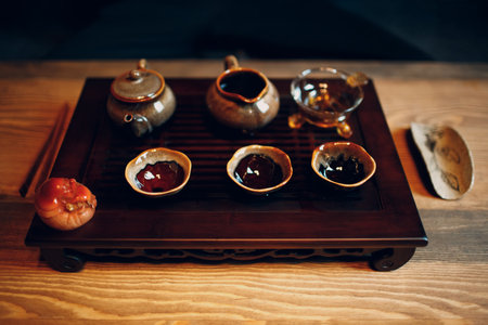 Chinese traditional puerh tea ceremony. Shepherd, chahay and gaiwanの写真素材