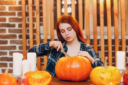 Young woman making Halloween pumpkin Jack-o-lantern. Female hands cutting pumpkins with knifeの写真素材