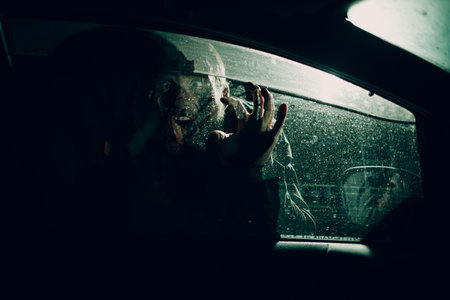 Zombie male attack car driver through vehicle window glass at the nightの写真素材