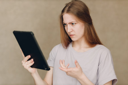 Portrait of young student actress learning role woman with digital tablet. Acting test casting film movie acting auditions.の写真素材