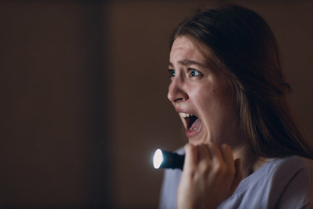 Woman scared holding hand flashlight in darkness and afraid of violence criminal robberyの写真素材